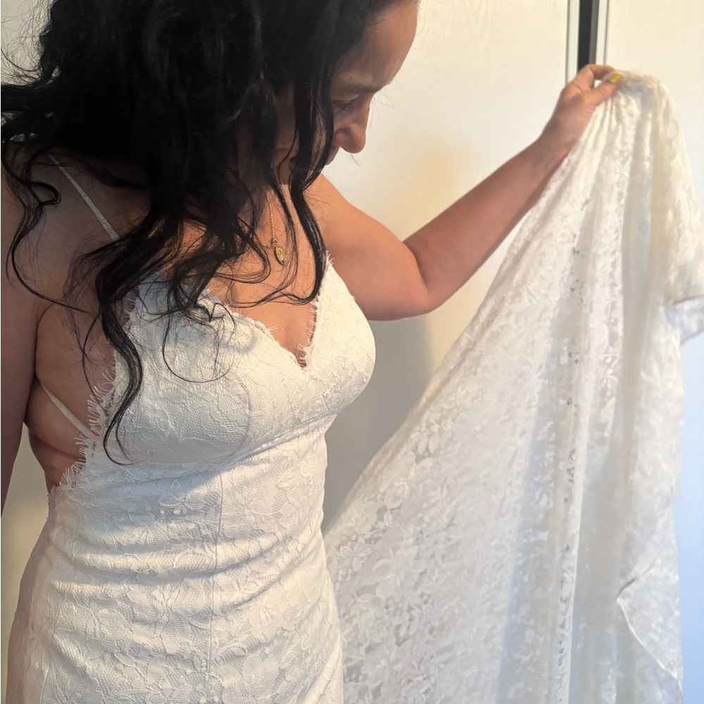 David's Bridal White Backless Plunge Gown
